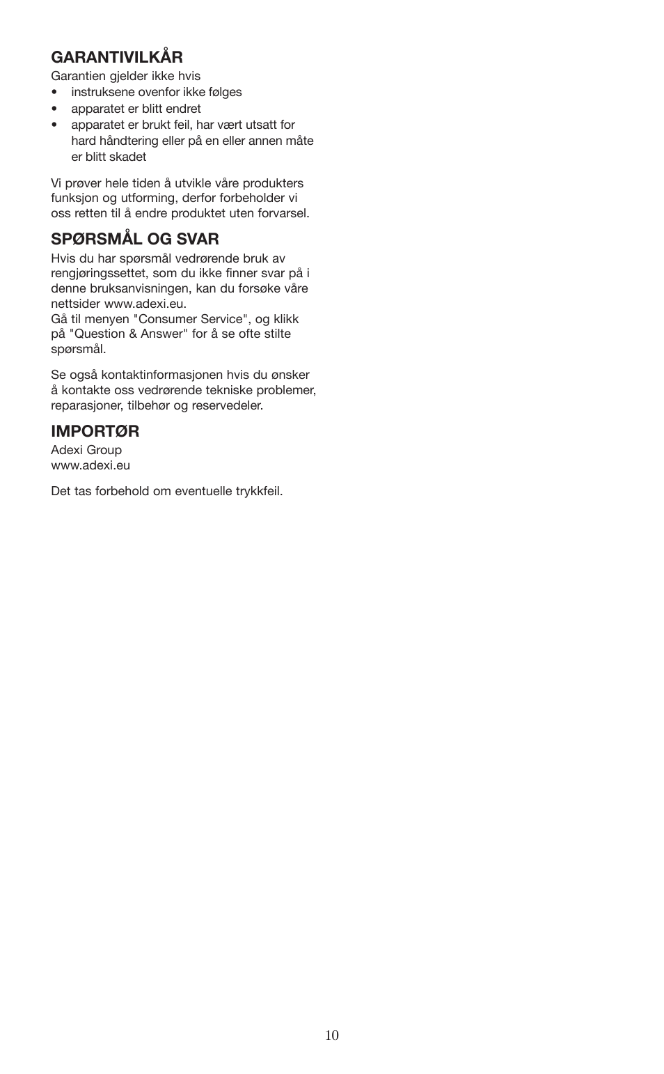 Garantivilkår, Spørsmål og svar, Importør | Melissa 677-001 User Manual | Page 10 / 25