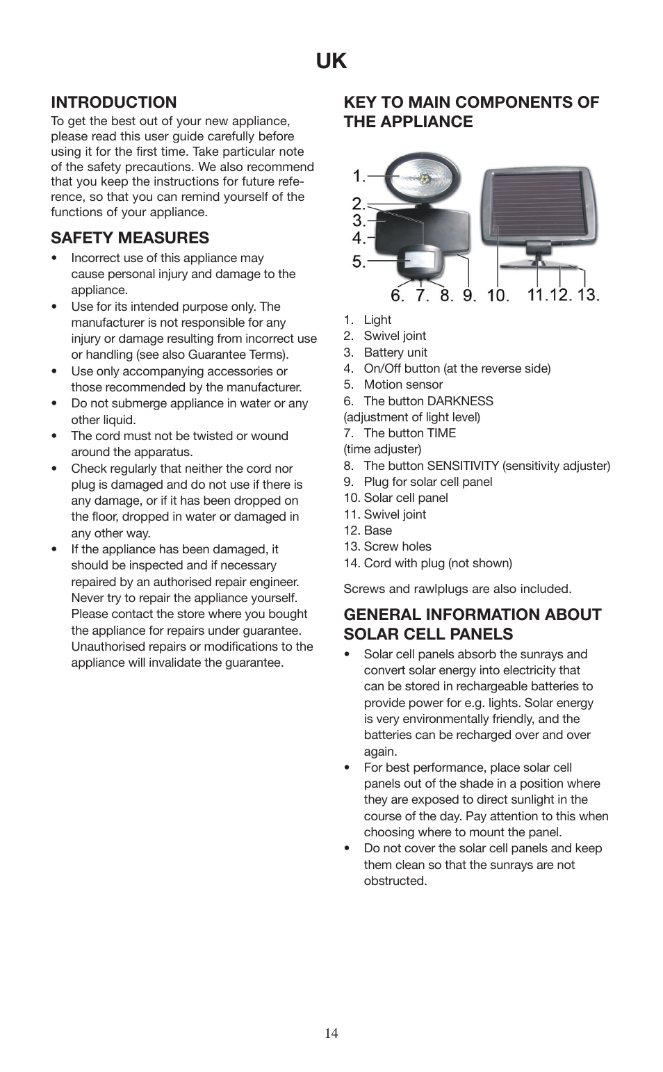 Introduction, Safety measures, Key to main components of the appliance | General information about solar cell panels | Melissa 677-001 User Manual | Page 14 / 25