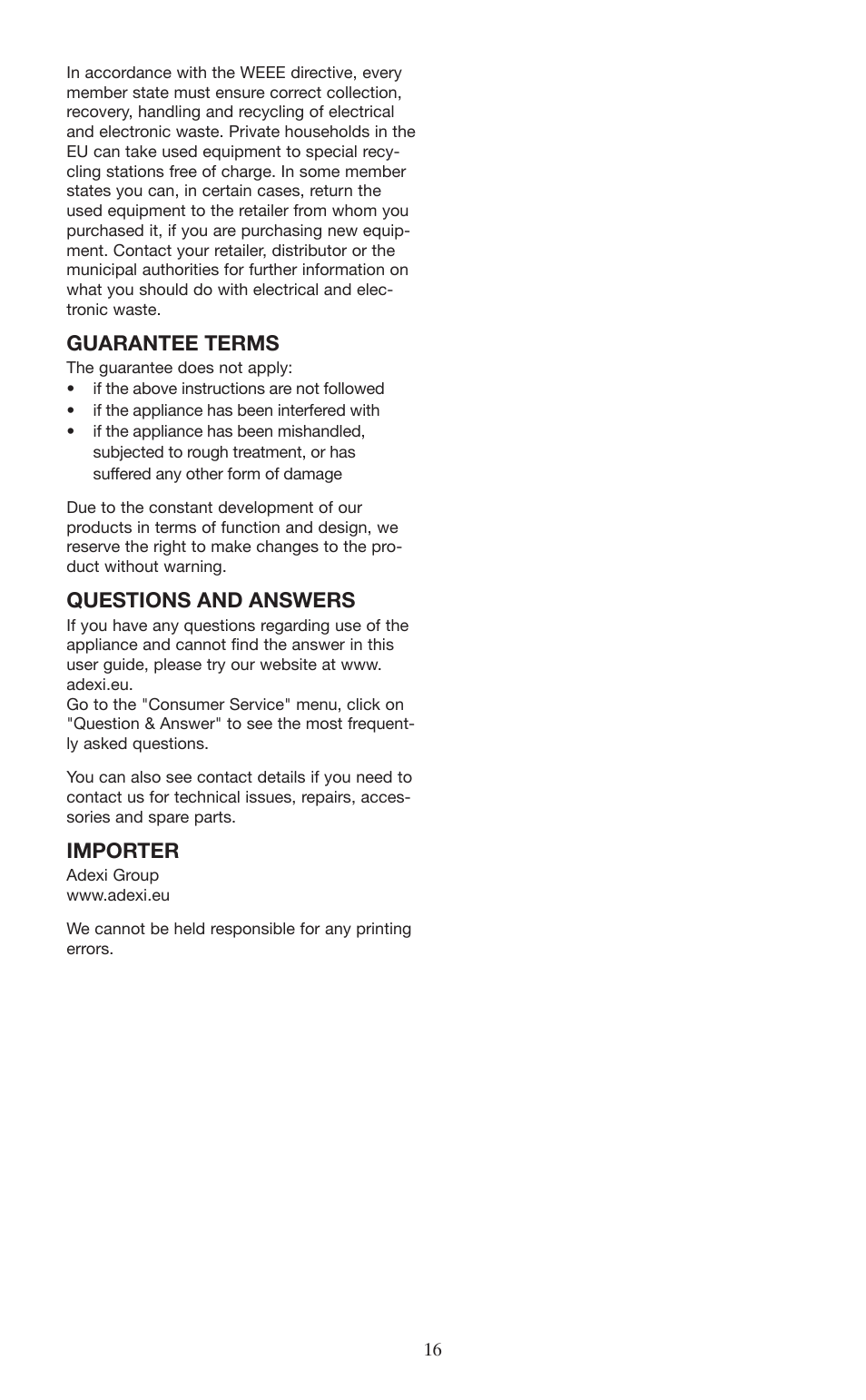 Guarantee terms, Questions and answers, Importer | Melissa 677-001 User Manual | Page 16 / 25