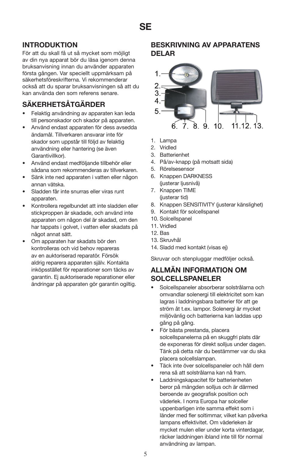 Introduktion, Säkerhetsåtgärder, Beskrivning av apparatens delar | Allmän information om solcellspaneler | Melissa 677-001 User Manual | Page 5 / 25