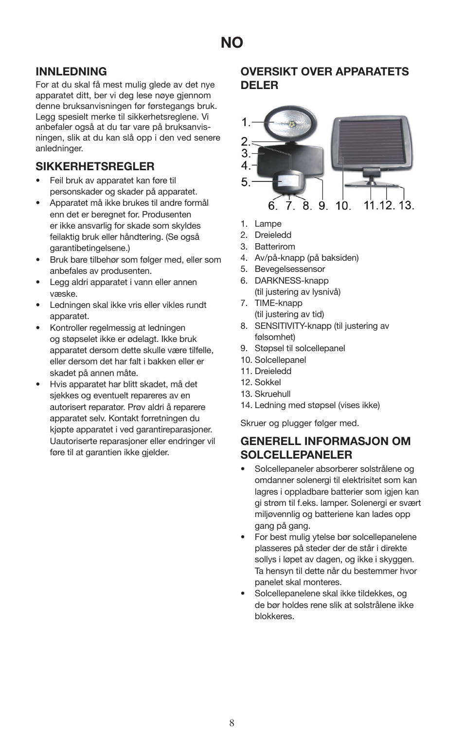 Innledning, Sikkerhetsregler, Oversikt over apparatets deler | Generell informasjon om solcellepaneler | Melissa 677-001 User Manual | Page 8 / 25