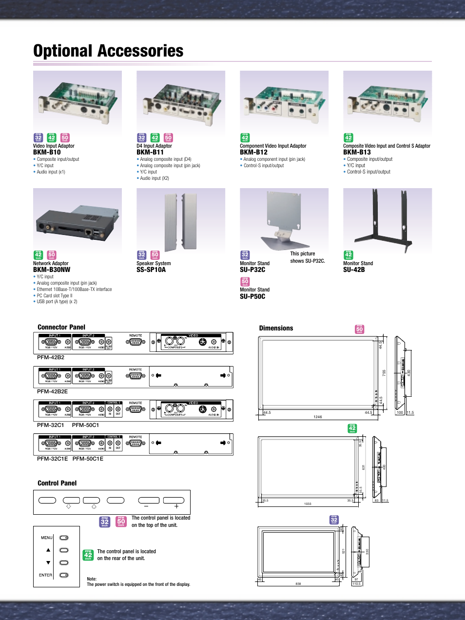 Optional accessories, On st andby, Connector panel control panel | Bkm-b10, Bkm-b11, Bkm-b12, Bkm-b13, Ss-sp10a, Su-p32c, Su-p50c | Matrox Electronic Systems PFM-42B2/42B2E User Manual | Page 6 / 8
