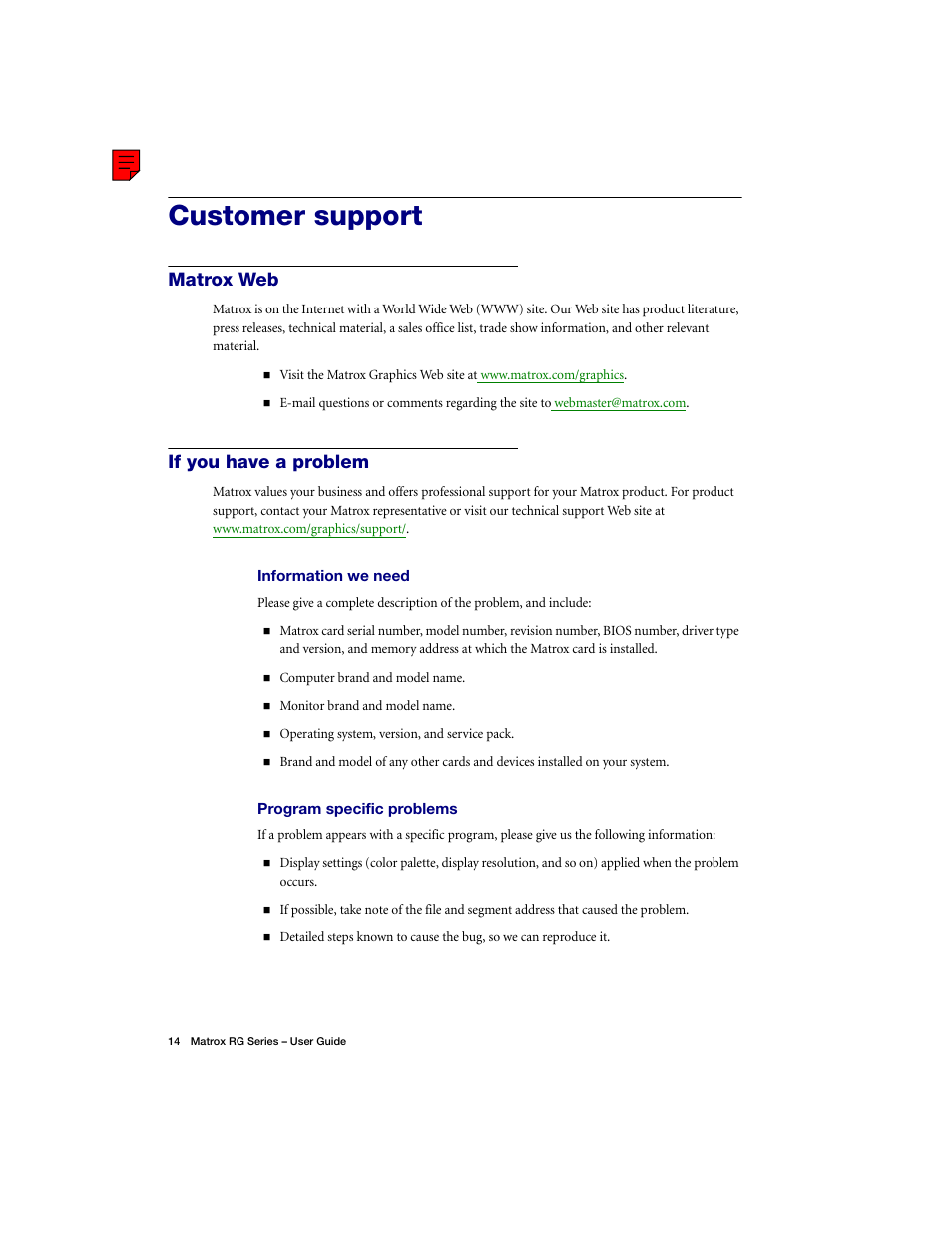 Customer support, Matrox web, If you have a problem | Matrox Electronic Systems ATC RG-200DL User Manual | Page 14 / 24