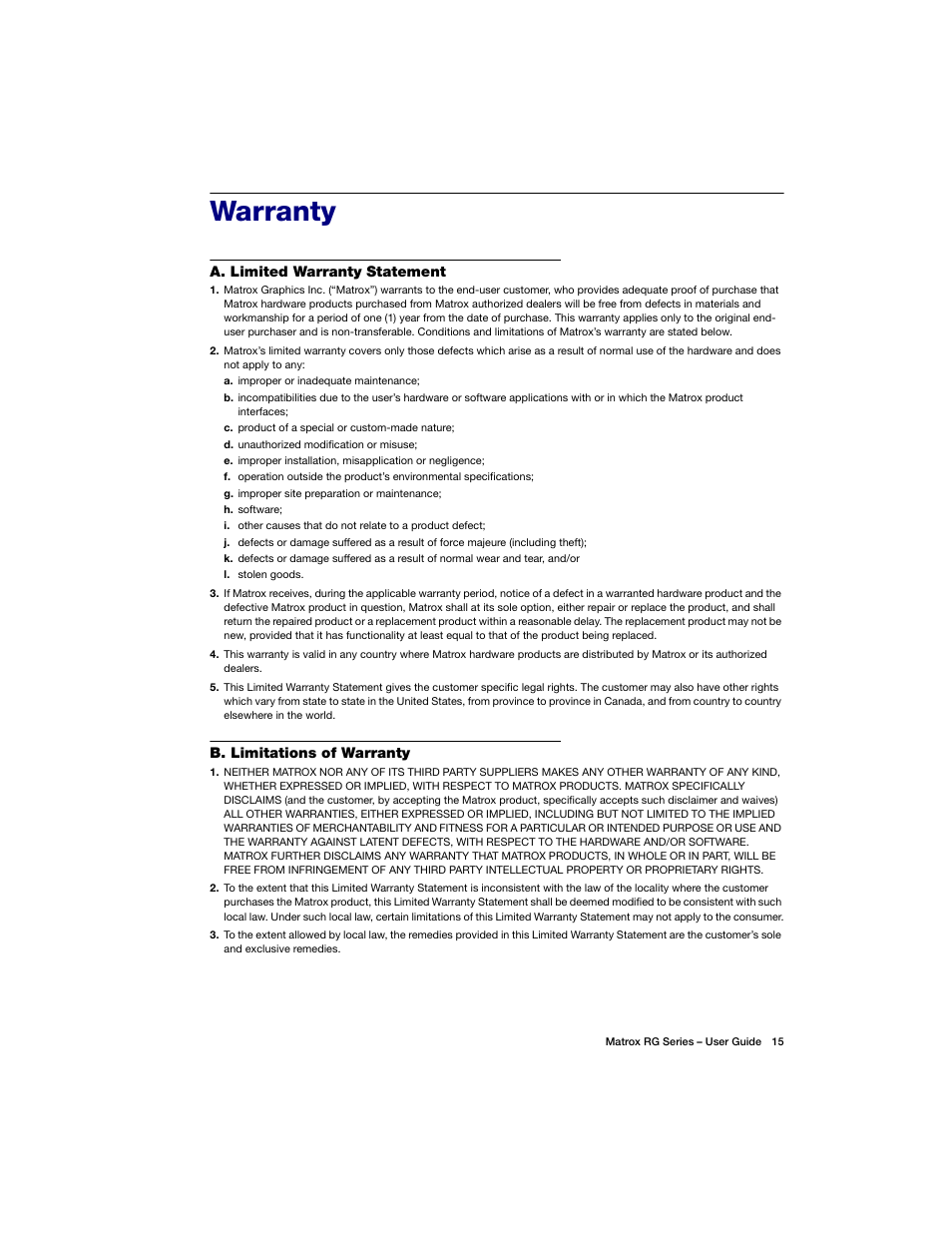 Warranty | Matrox Electronic Systems ATC RG-200DL User Manual | Page 15 / 24
