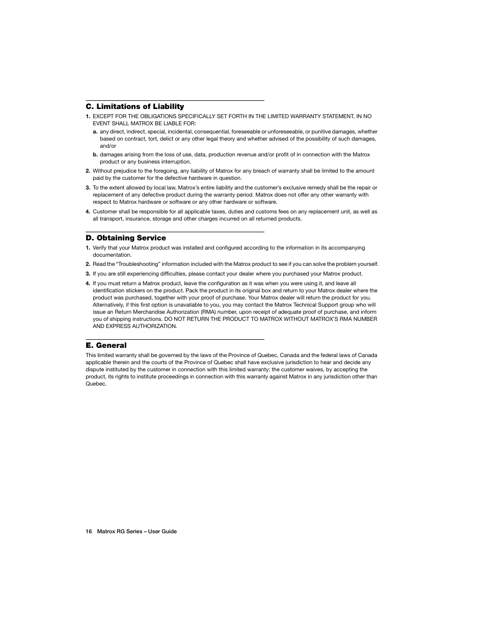 C. limitations of liability, D. obtaining service, E. general | Matrox Electronic Systems ATC RG-200DL User Manual | Page 16 / 24