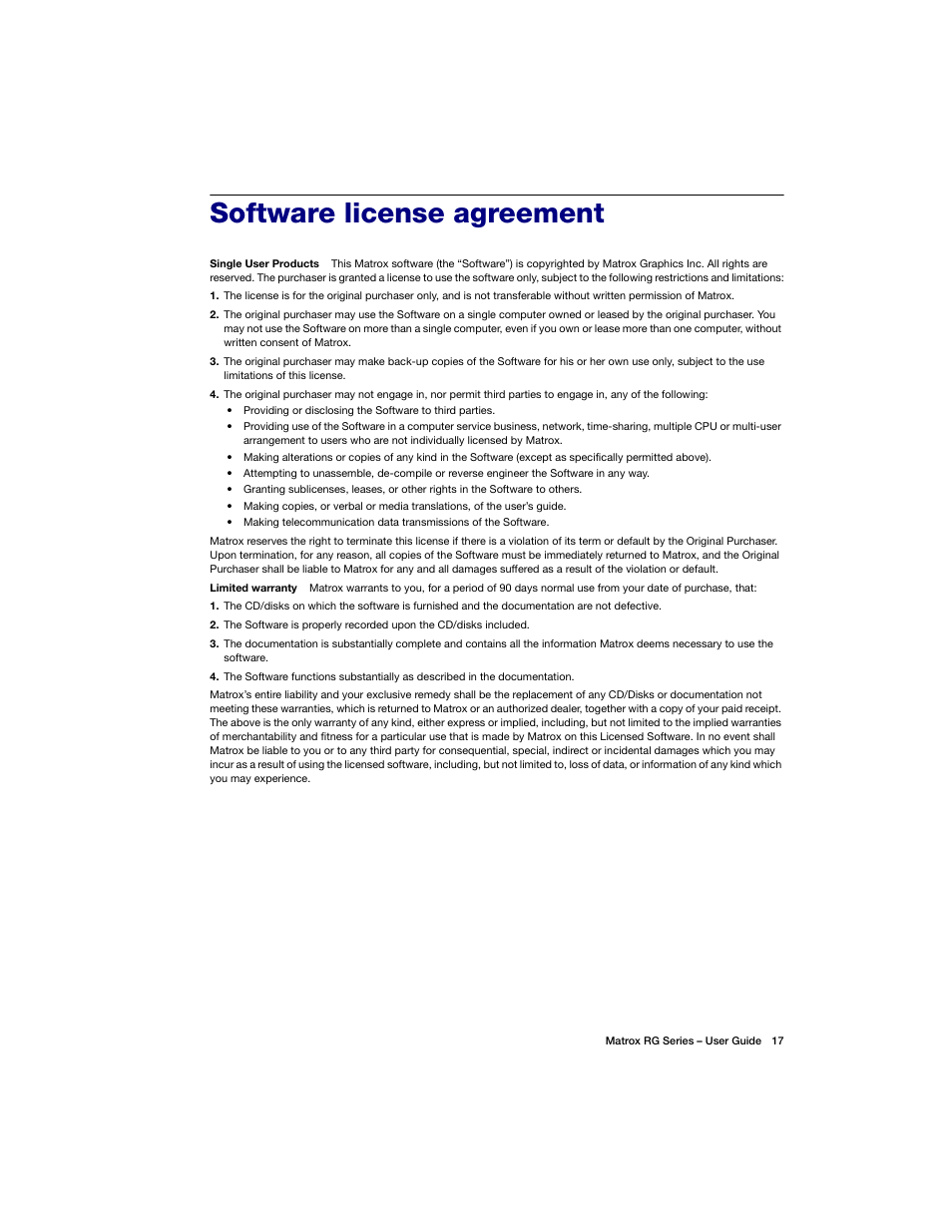 Software license agreement | Matrox Electronic Systems ATC RG-200DL User Manual | Page 17 / 24