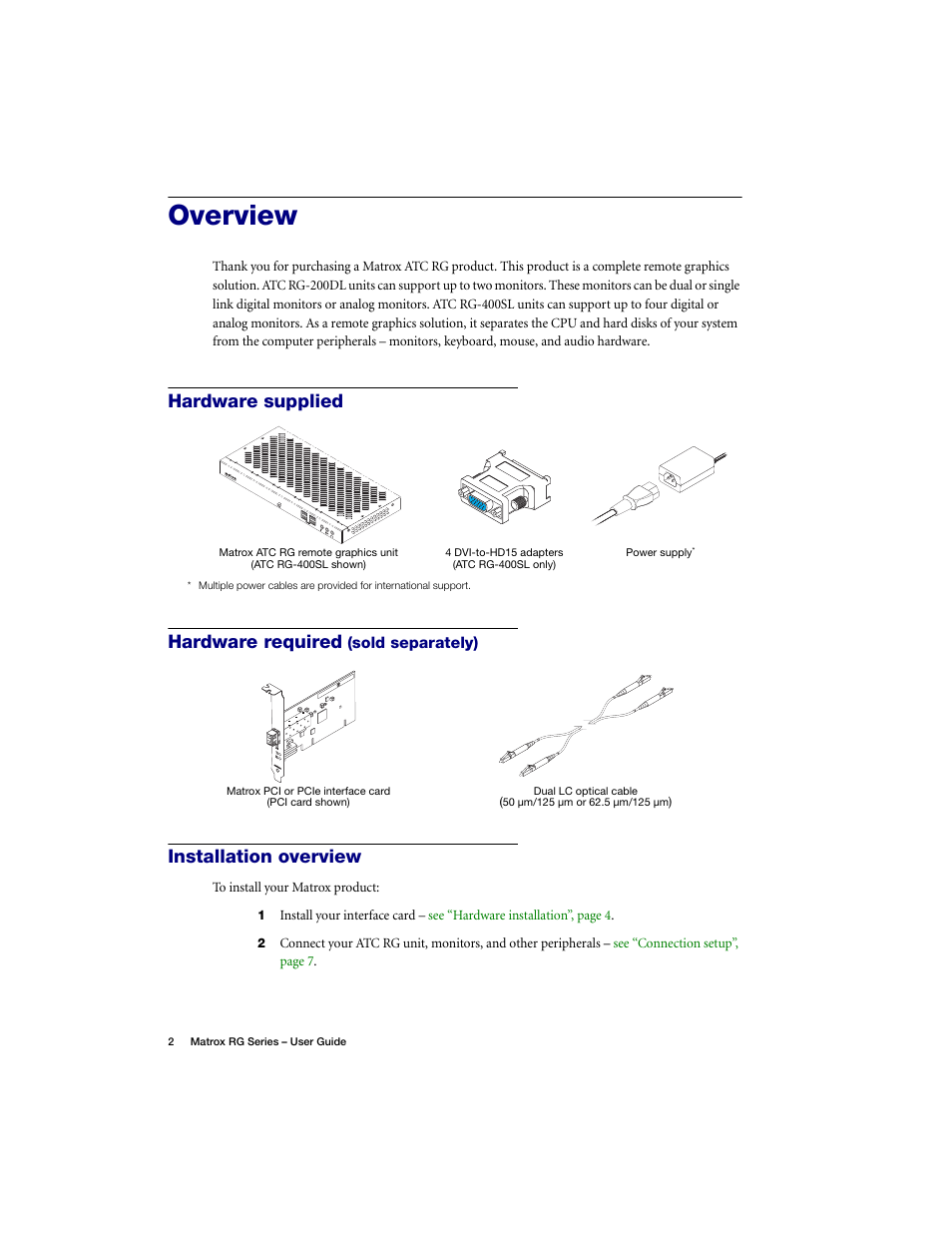 Overview, Hardware supplied, Hardware required (sold separately) | Installation overview, Hardware supplied hardware required | Matrox Electronic Systems ATC RG-200DL User Manual | Page 2 / 24