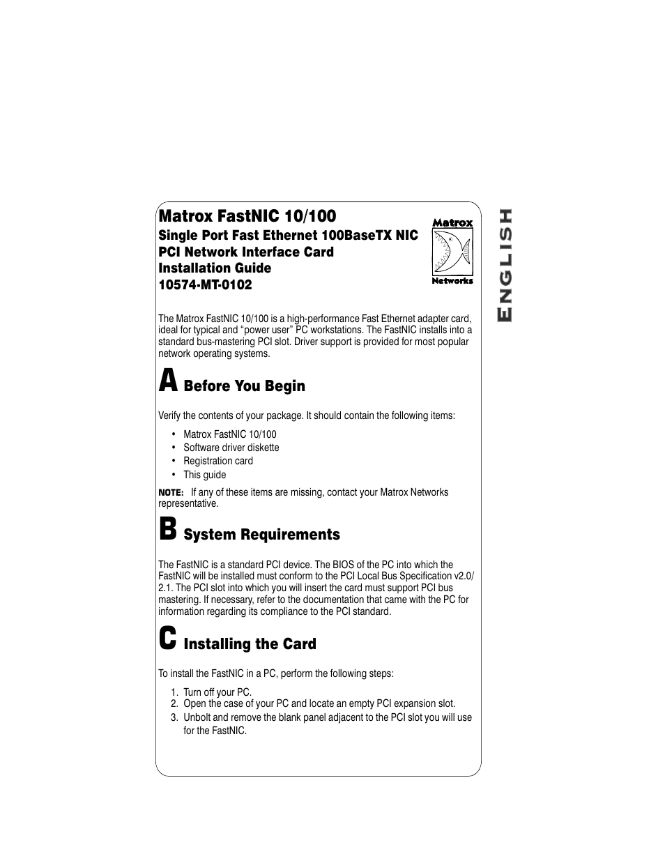 Matrox Electronic Systems FastNIC 10/100 10574-MT-0102 User Manual | 10 pages