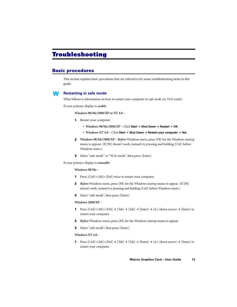 Troubleshooting, Basic procedures | Matrox Electronic Systems LE G450 User Manual | Page 13 / 67