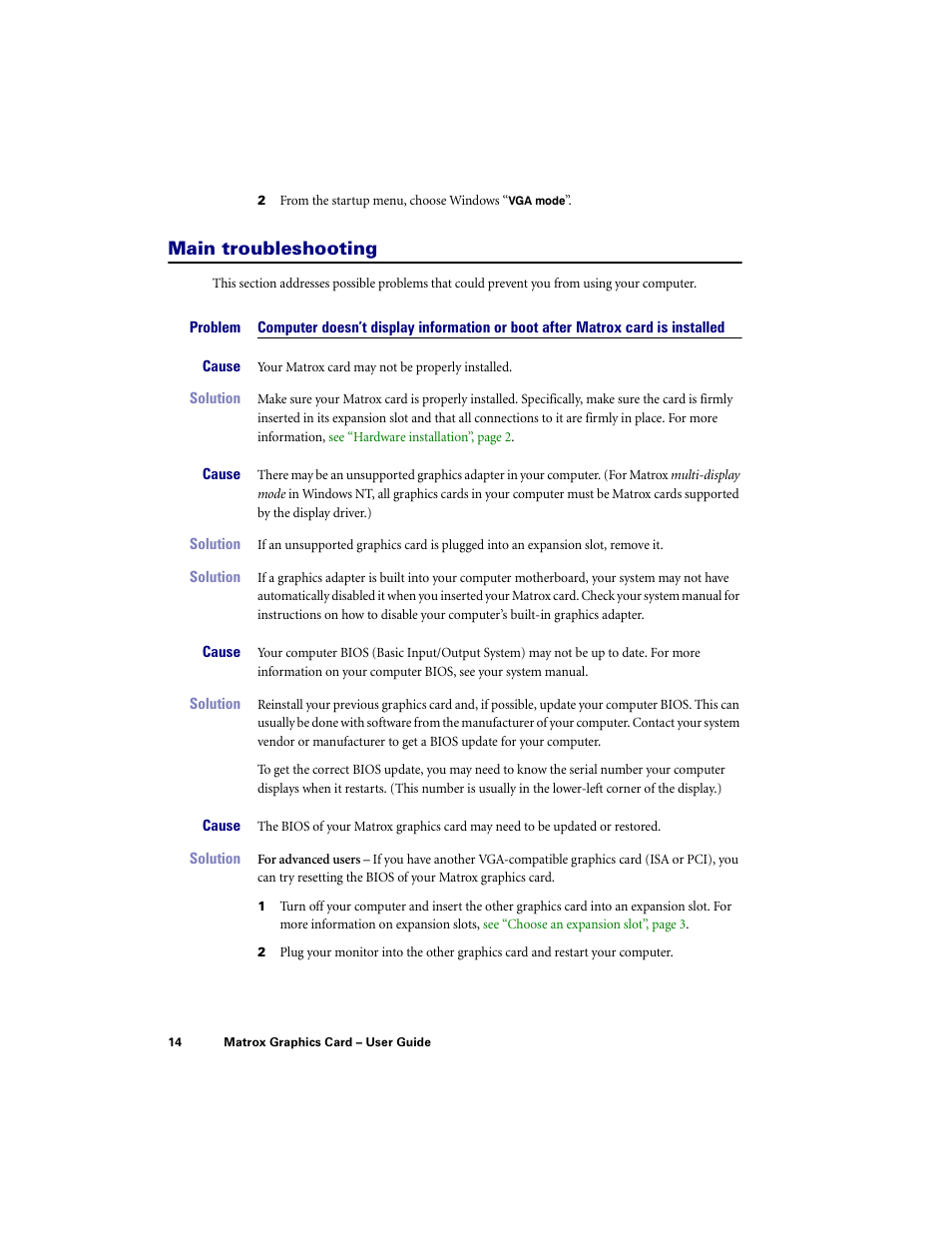 Main troubleshooting | Matrox Electronic Systems LE G450 User Manual | Page 14 / 67