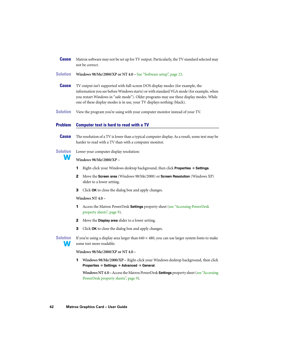 Computer text is hard to read with a tv | Matrox Electronic Systems LE G450 User Manual | Page 42 / 67