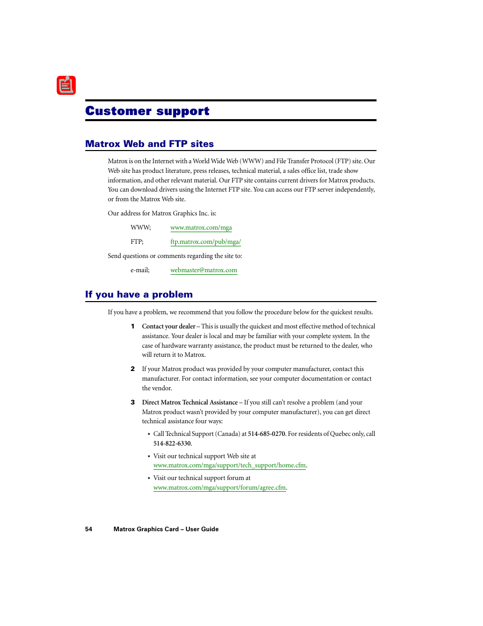 Customer support, Matrox web and ftp sites, If you have a problem | Customer, Support | Matrox Electronic Systems LE G450 User Manual | Page 54 / 67