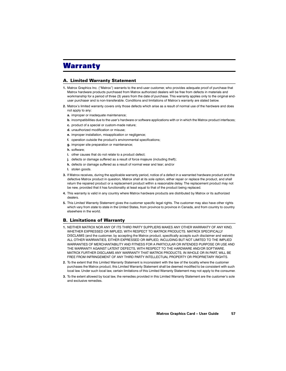 Warranty | Matrox Electronic Systems LE G450 User Manual | Page 57 / 67