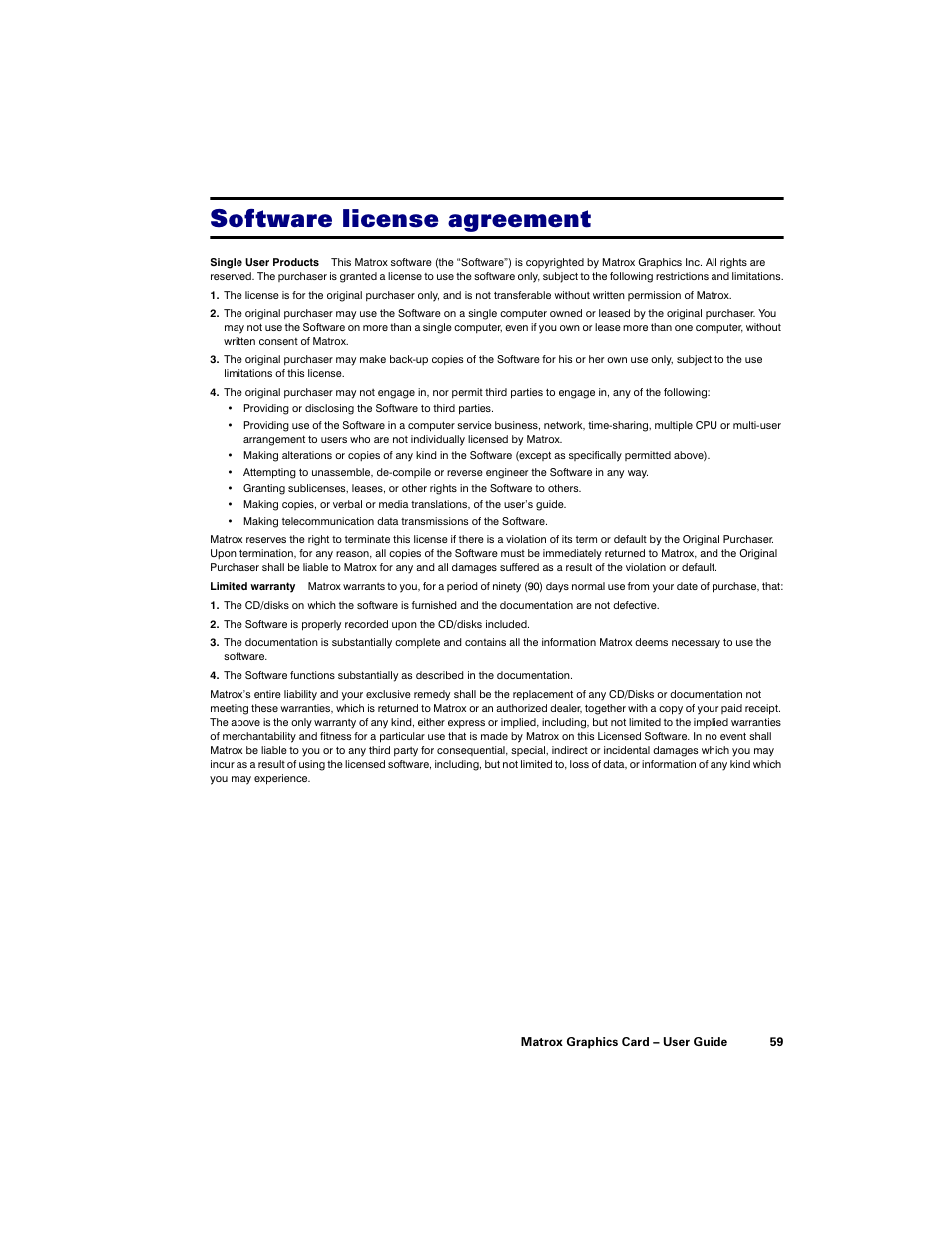 Software license agreement | Matrox Electronic Systems LE G450 User Manual | Page 59 / 67