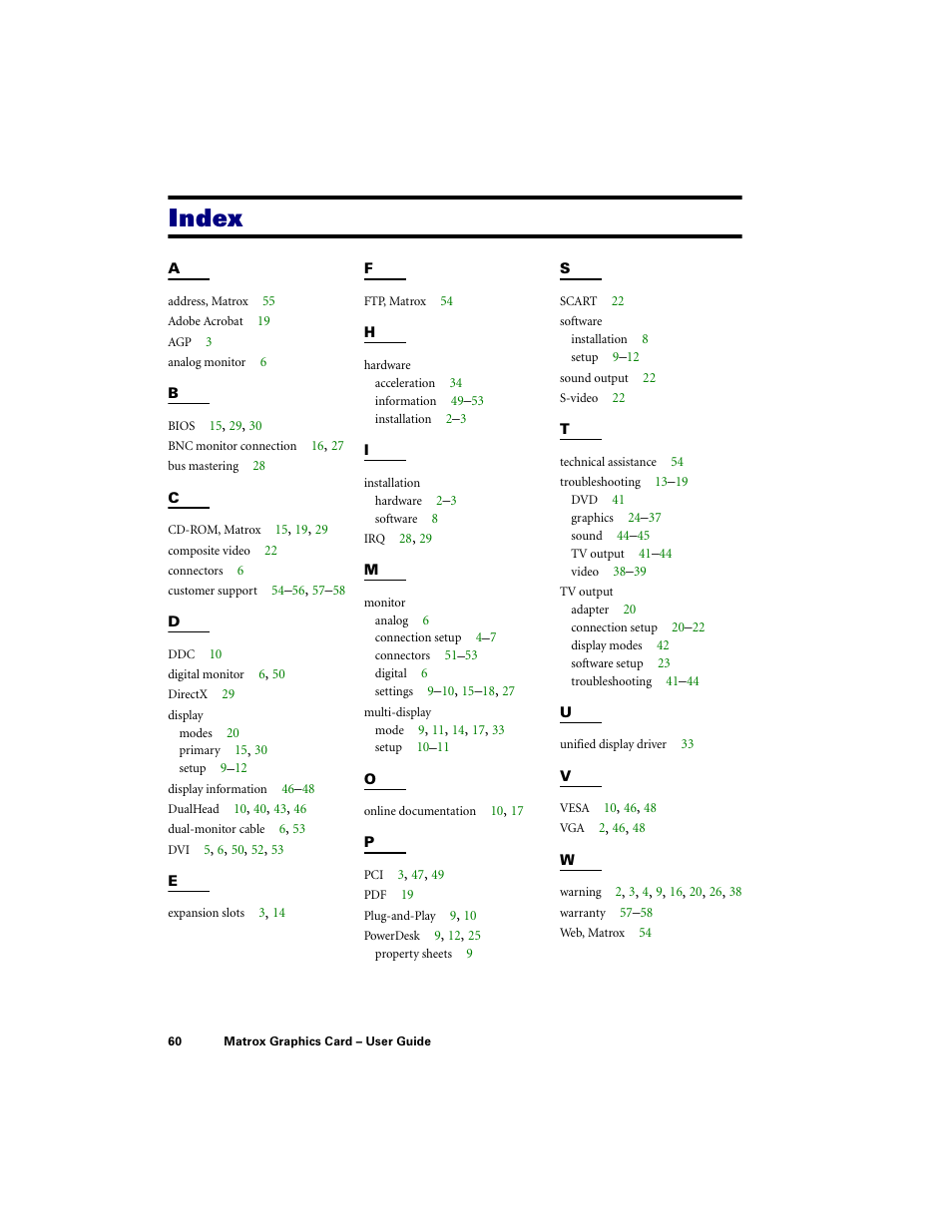 Index | Matrox Electronic Systems LE G450 User Manual | Page 60 / 67