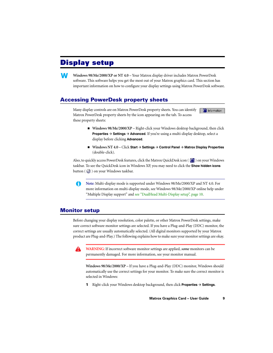 Display setup, Accessing powerdesk property sheets, Monitor setup | Matrox Electronic Systems LE G450 User Manual | Page 9 / 67