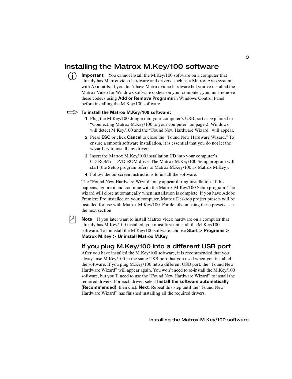 Installing the matrox m.key/100 software, If you plug m.key/100 into a different usb port | Matrox Electronic Systems M.Key/100 User Manual | Page 11 / 22