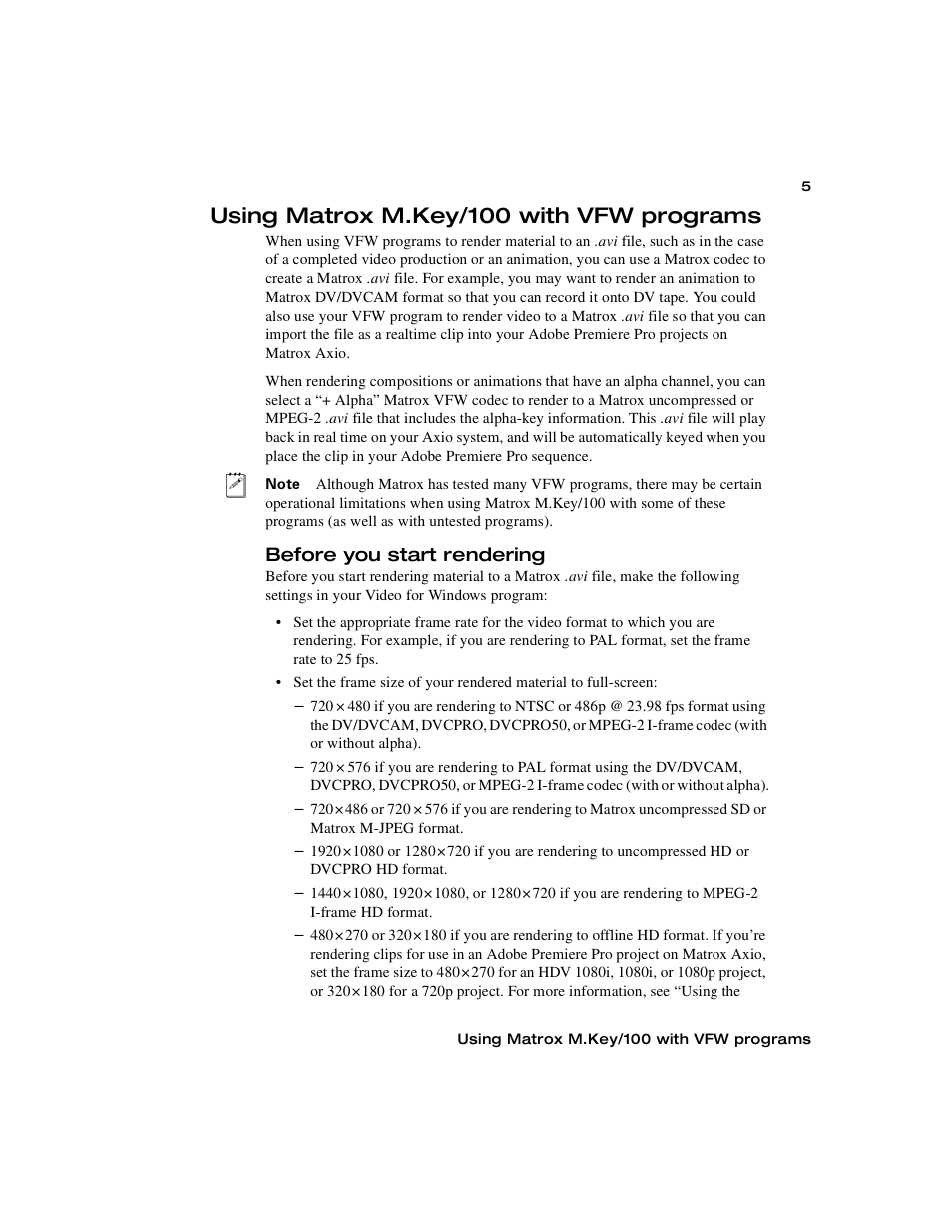 Using matrox m.key/100 with vfw programs, Before you start rendering | Matrox Electronic Systems M.Key/100 User Manual | Page 13 / 22