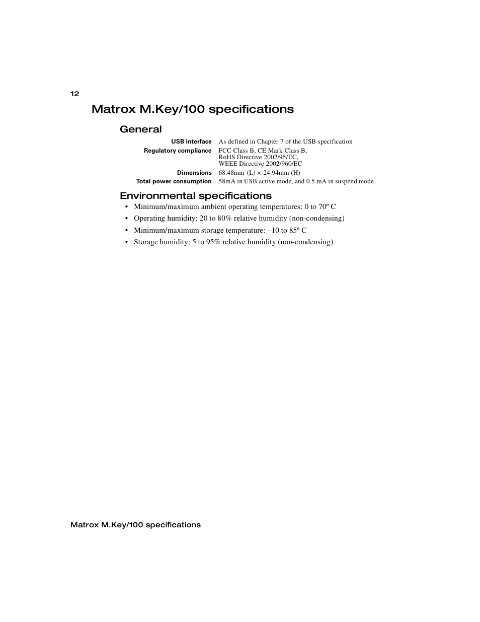 Matrox m.key/100 specifications, General, Environmental specifications | General environmental specifications | Matrox Electronic Systems M.Key/100 User Manual | Page 20 / 22