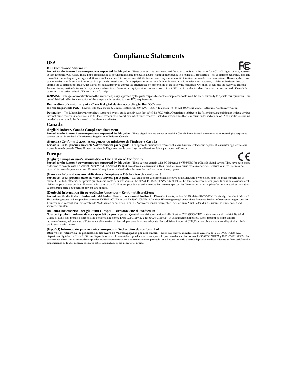 Compliance statements, Canada, Europe | Matrox Electronic Systems M.Key/100 User Manual | Page 21 / 22