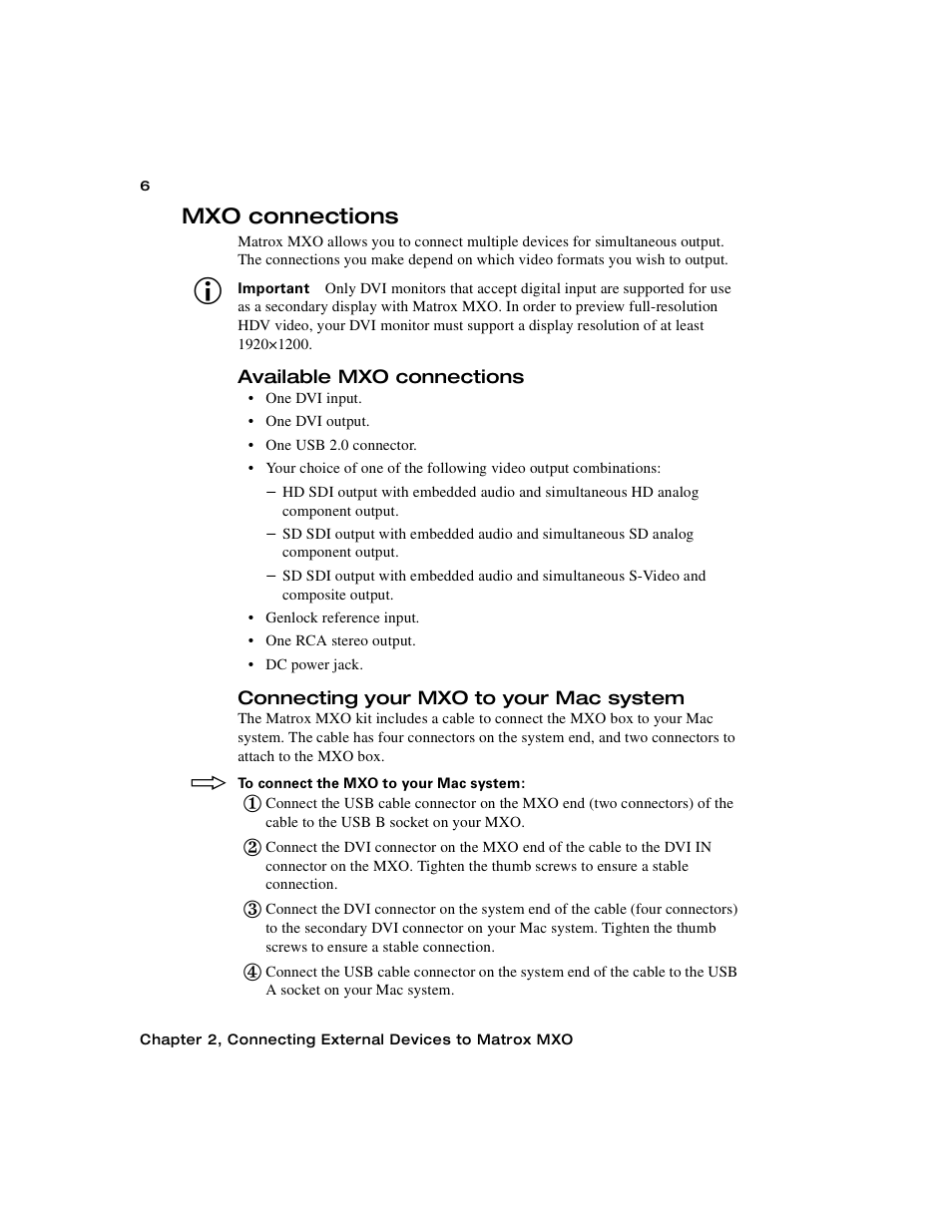 Mxo connections, Available mxo connections, Connecting your mxo to your mac system | Matrox Electronic Systems Matrox MXO User Manual | Page 14 / 44