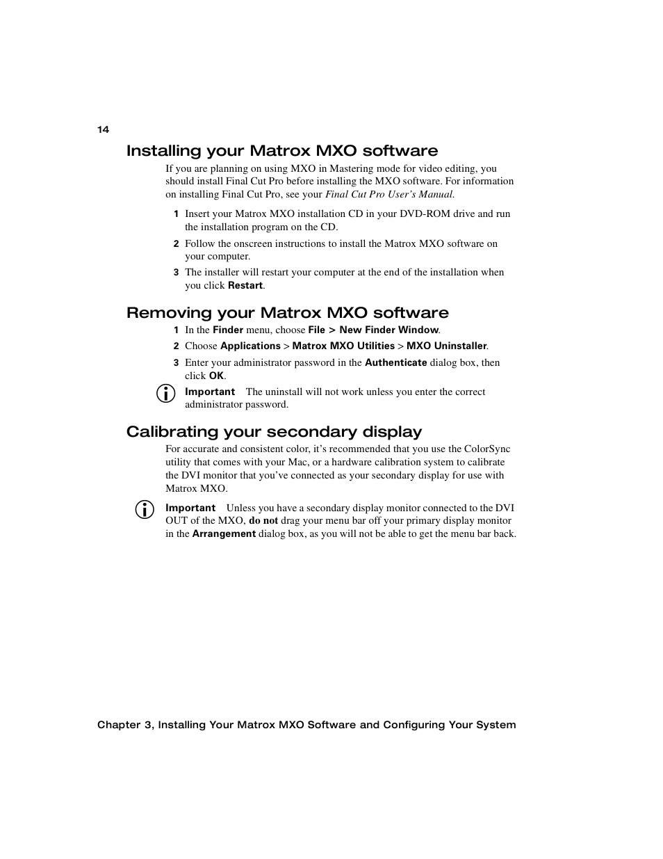 Installing your matrox mxo software, Removing your matrox mxo software, Calibrating your secondary display | Matrox Electronic Systems Matrox MXO User Manual | Page 22 / 44