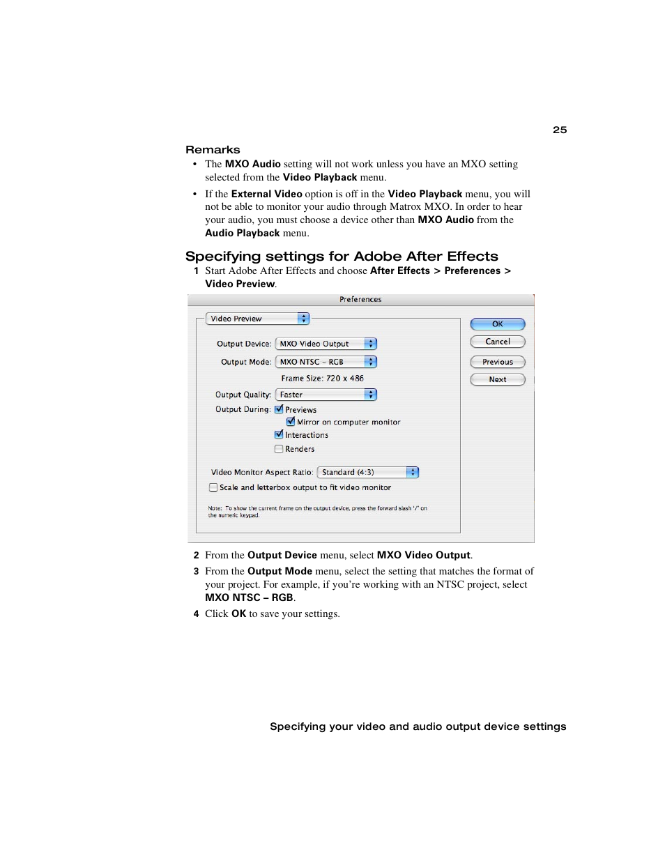 Specifying settings for adobe after effects | Matrox Electronic Systems Matrox MXO User Manual | Page 33 / 44