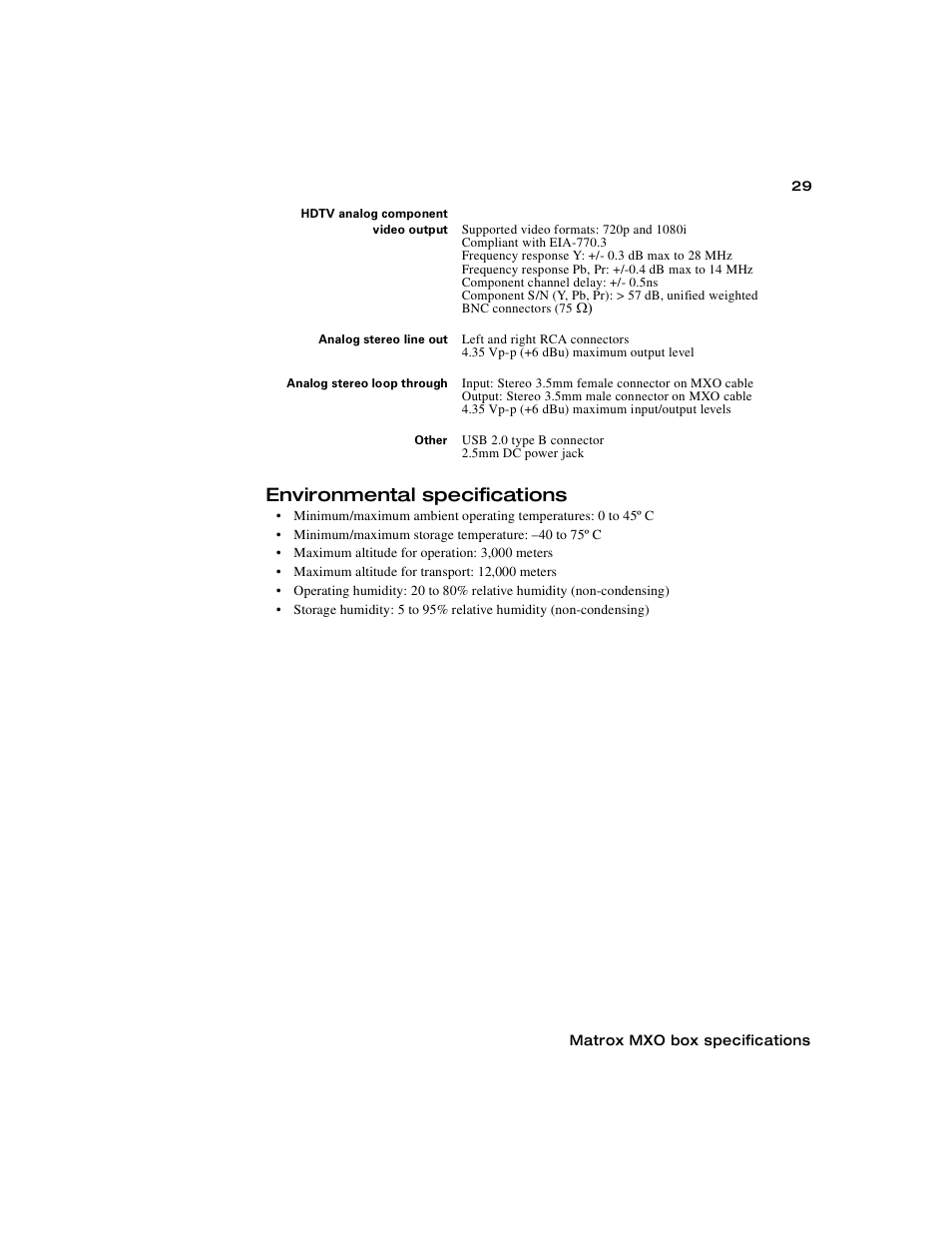 Environmental specifications | Matrox Electronic Systems Matrox MXO User Manual | Page 37 / 44