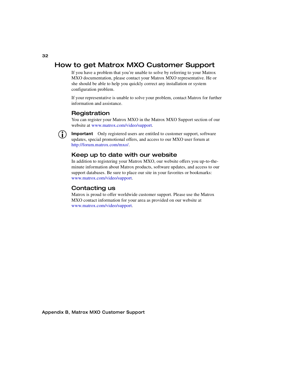 How to get matrox mxo customer support, Registration, Keep up to date with our website | Contacting us | Matrox Electronic Systems Matrox MXO User Manual | Page 40 / 44