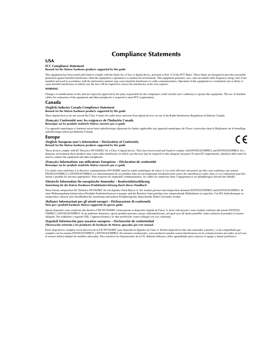 Compliance statements, Canada, Europe | Matrox Electronic Systems Matrox MXO User Manual | Page 43 / 44