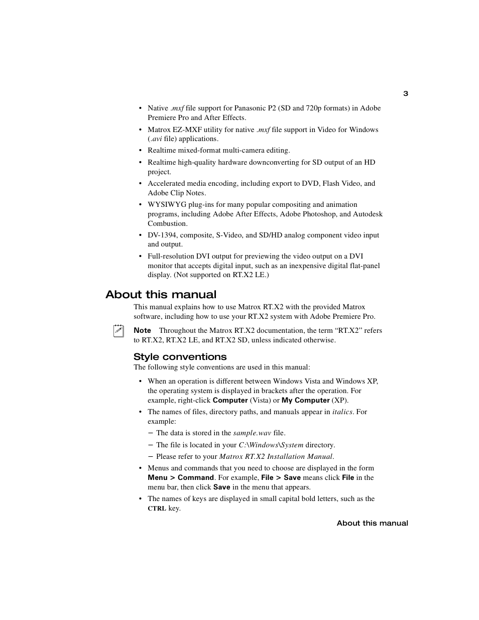 About this manual, Style conventions | Matrox Electronic Systems Matrox RT.X2 User Manual | Page 11 / 224