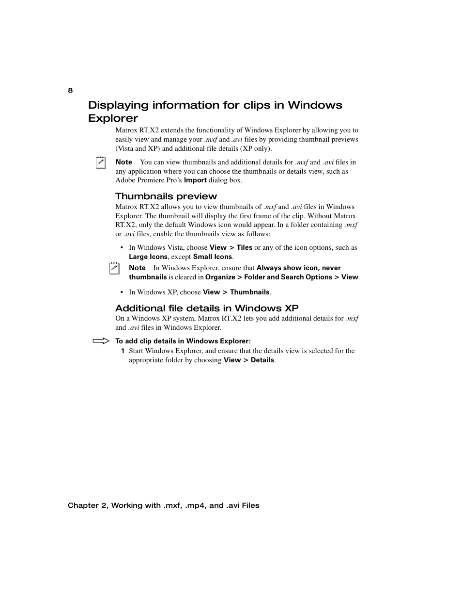 Thumbnails preview, Additional file details in windows xp, Displaying information for clips in windows | Explorer | Matrox Electronic Systems Matrox RT.X2 User Manual | Page 16 / 224