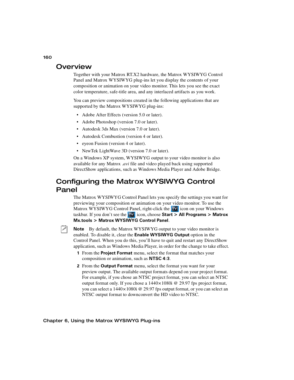 Overview, Configuring the matrox wysiwyg control panel | Matrox Electronic Systems Matrox RT.X2 User Manual | Page 168 / 224