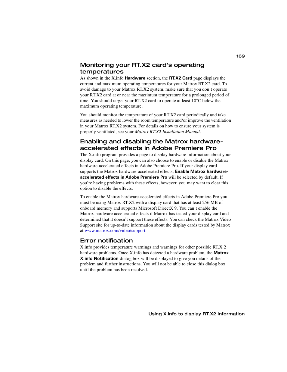 Error notification, Enabling and, Enabling and disabling the matrox | Hardware-accelerated effects in adobe premiere pro, Enabling | Matrox Electronic Systems Matrox RT.X2 User Manual | Page 177 / 224