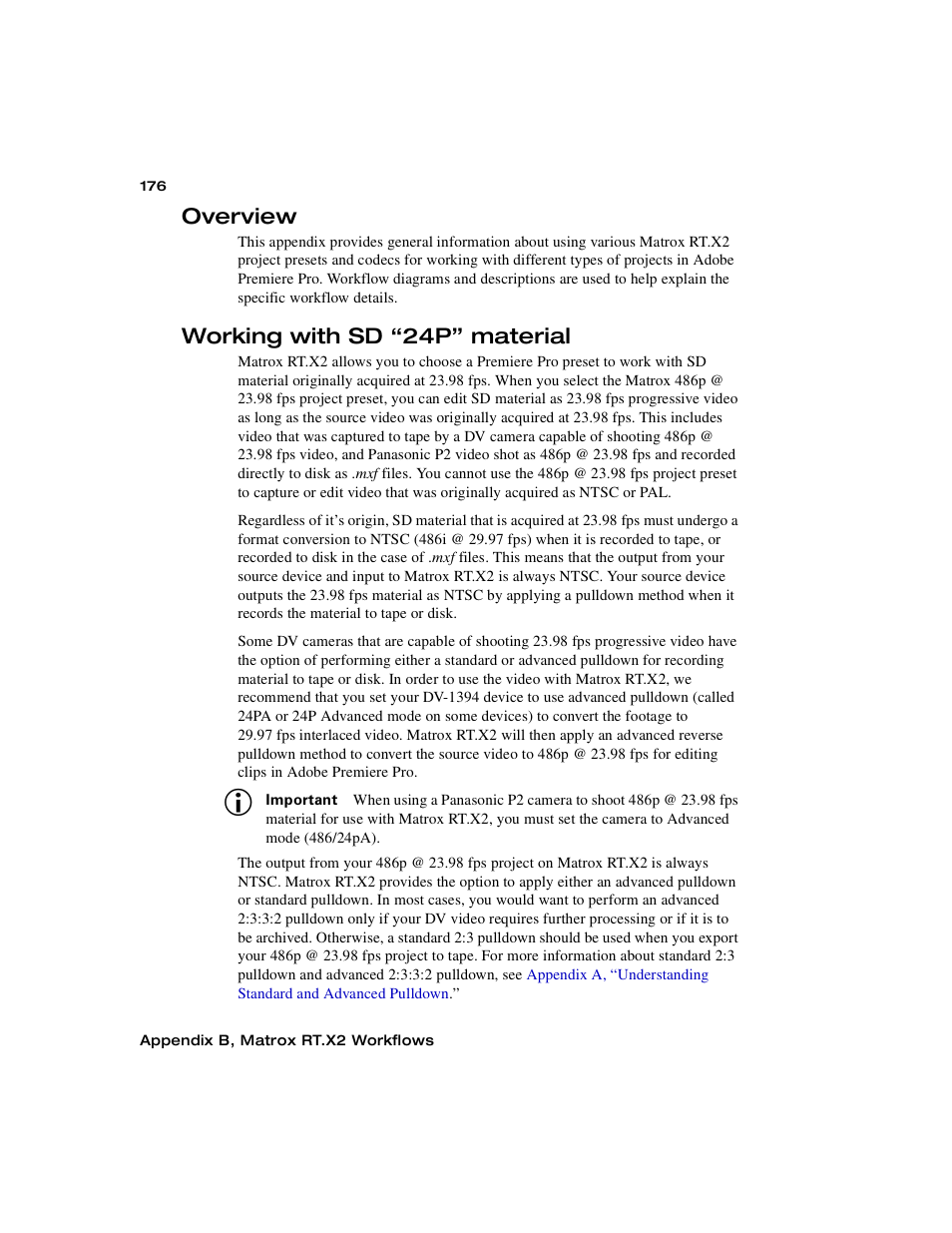 Overview, Working with sd “24p” material | Matrox Electronic Systems Matrox RT.X2 User Manual | Page 184 / 224