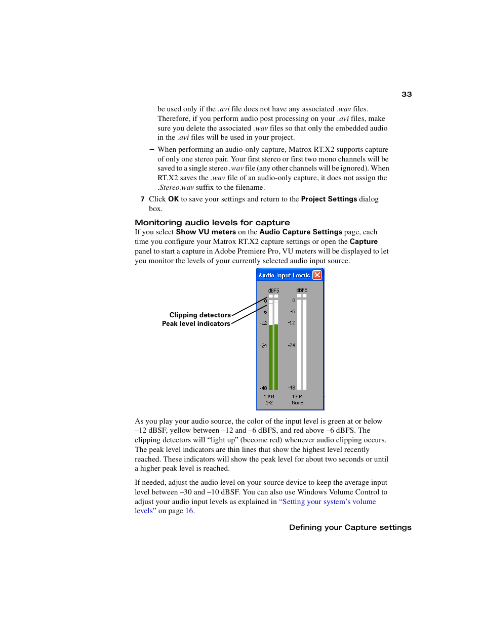 Monitoring audio levels for capture | Matrox Electronic Systems Matrox RT.X2 User Manual | Page 41 / 224
