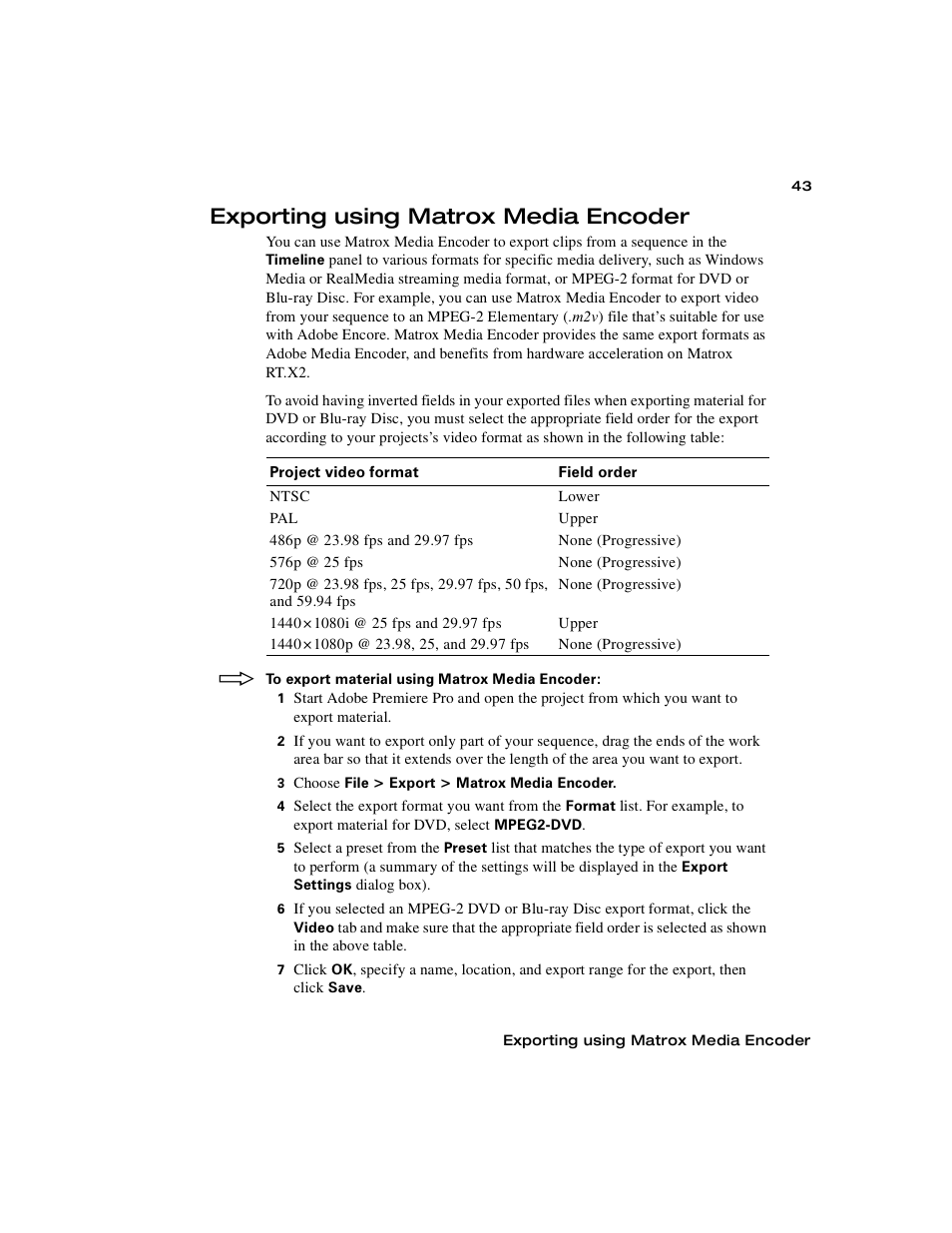 Exporting using matrox media encoder | Matrox Electronic Systems Matrox RT.X2 User Manual | Page 51 / 224