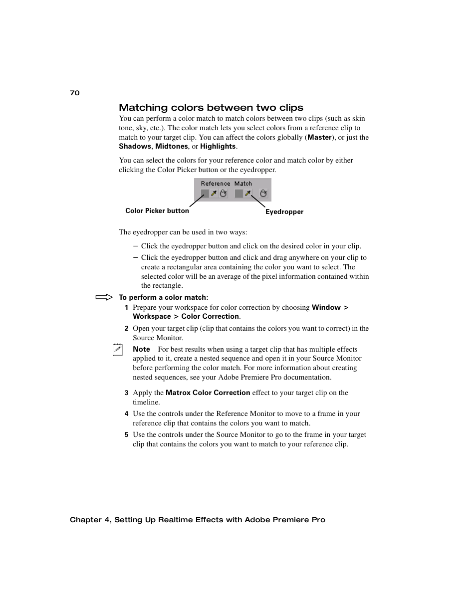 Matching colors between two clips, Matching colors, Between two clips | Matrox Electronic Systems Matrox RT.X2 User Manual | Page 78 / 224