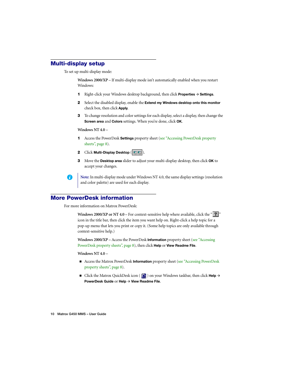 Multi-display setup, More powerdesk information, See “multi-display setup | Matrox Electronic Systems G450 MMS User Manual | Page 10 / 53