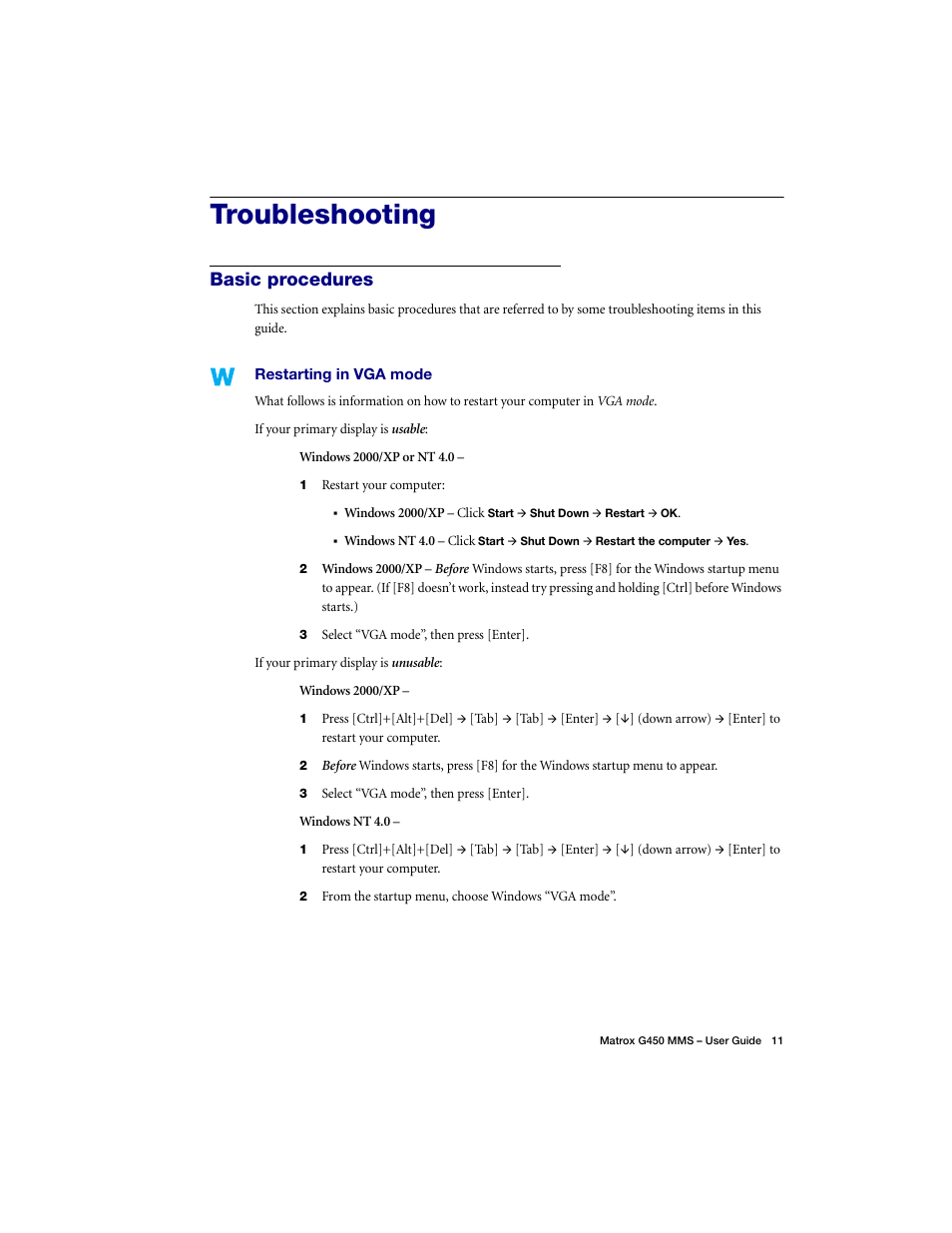 Troubleshooting, Basic procedures | Matrox Electronic Systems G450 MMS User Manual | Page 11 / 53