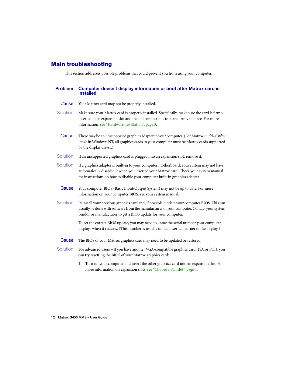 Main troubleshooting | Matrox Electronic Systems G450 MMS User Manual | Page 12 / 53