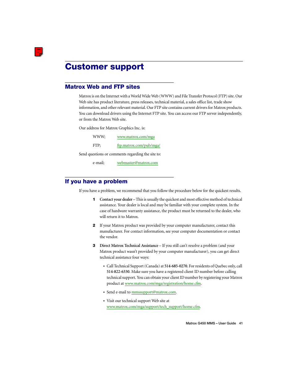 Customer support, Matrox web and ftp sites, If you have a problem | Matrox Electronic Systems G450 MMS User Manual | Page 41 / 53