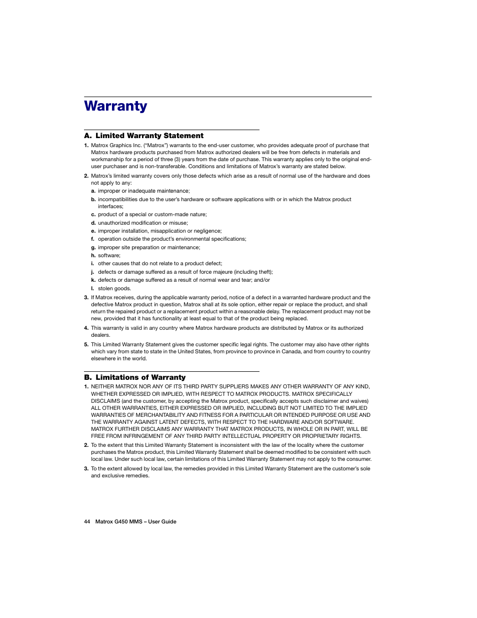 Warranty | Matrox Electronic Systems G450 MMS User Manual | Page 44 / 53