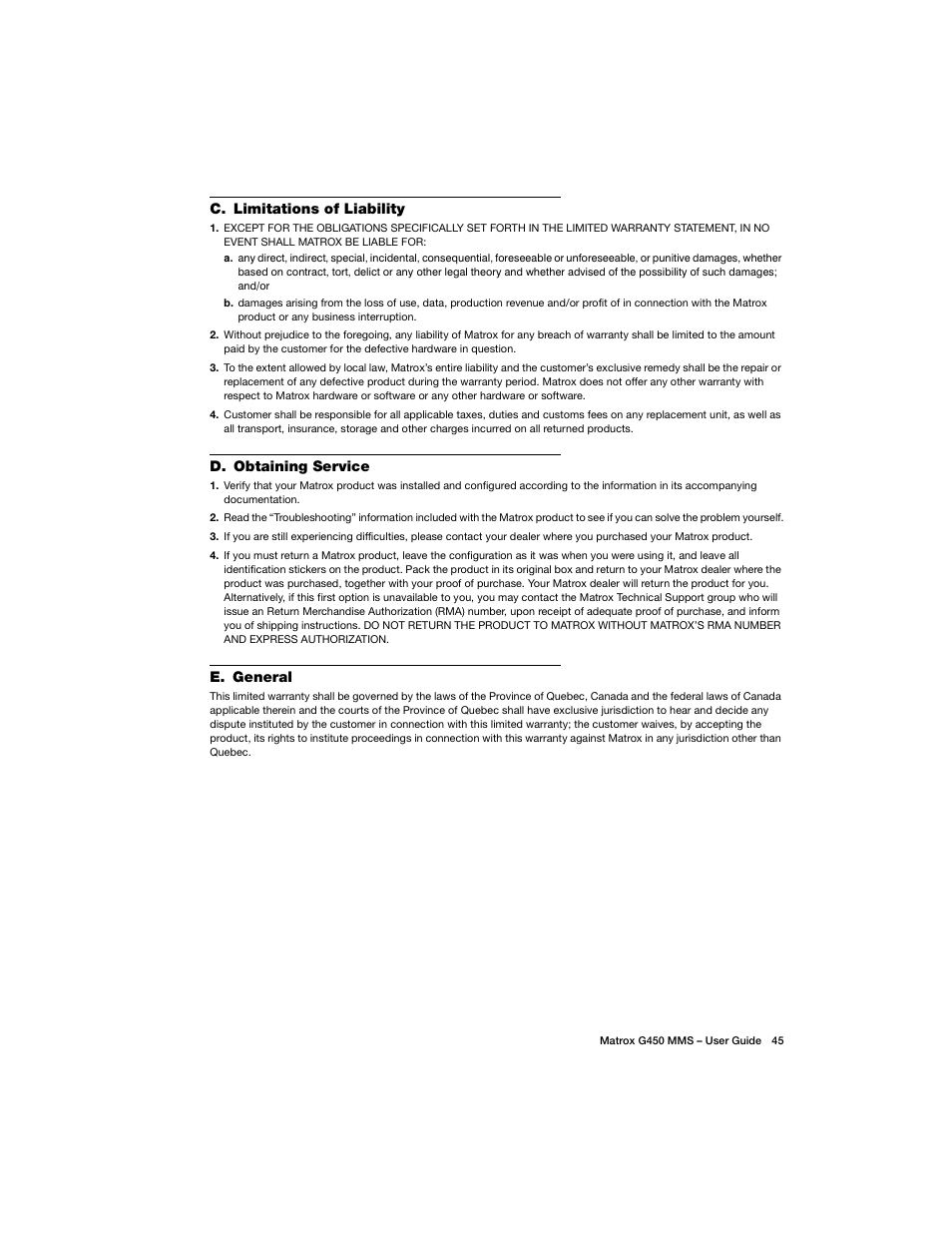 C. limitations of liability, D. obtaining service, E. general | Matrox Electronic Systems G450 MMS User Manual | Page 45 / 53