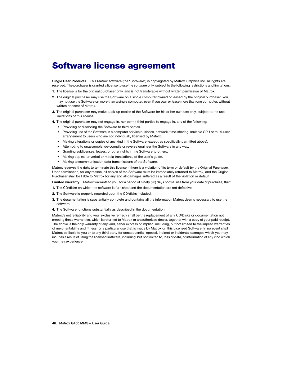 Software license agreement | Matrox Electronic Systems G450 MMS User Manual | Page 46 / 53