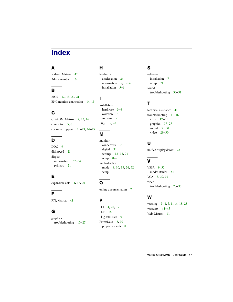 Index | Matrox Electronic Systems G450 MMS User Manual | Page 47 / 53