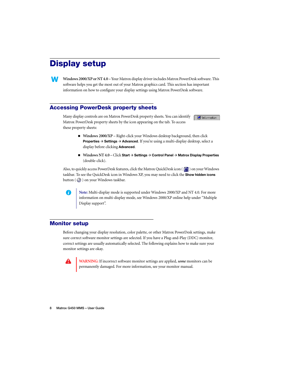 Display setup, Accessing powerdesk property sheets, Monitor setup | Matrox Electronic Systems G450 MMS User Manual | Page 8 / 53