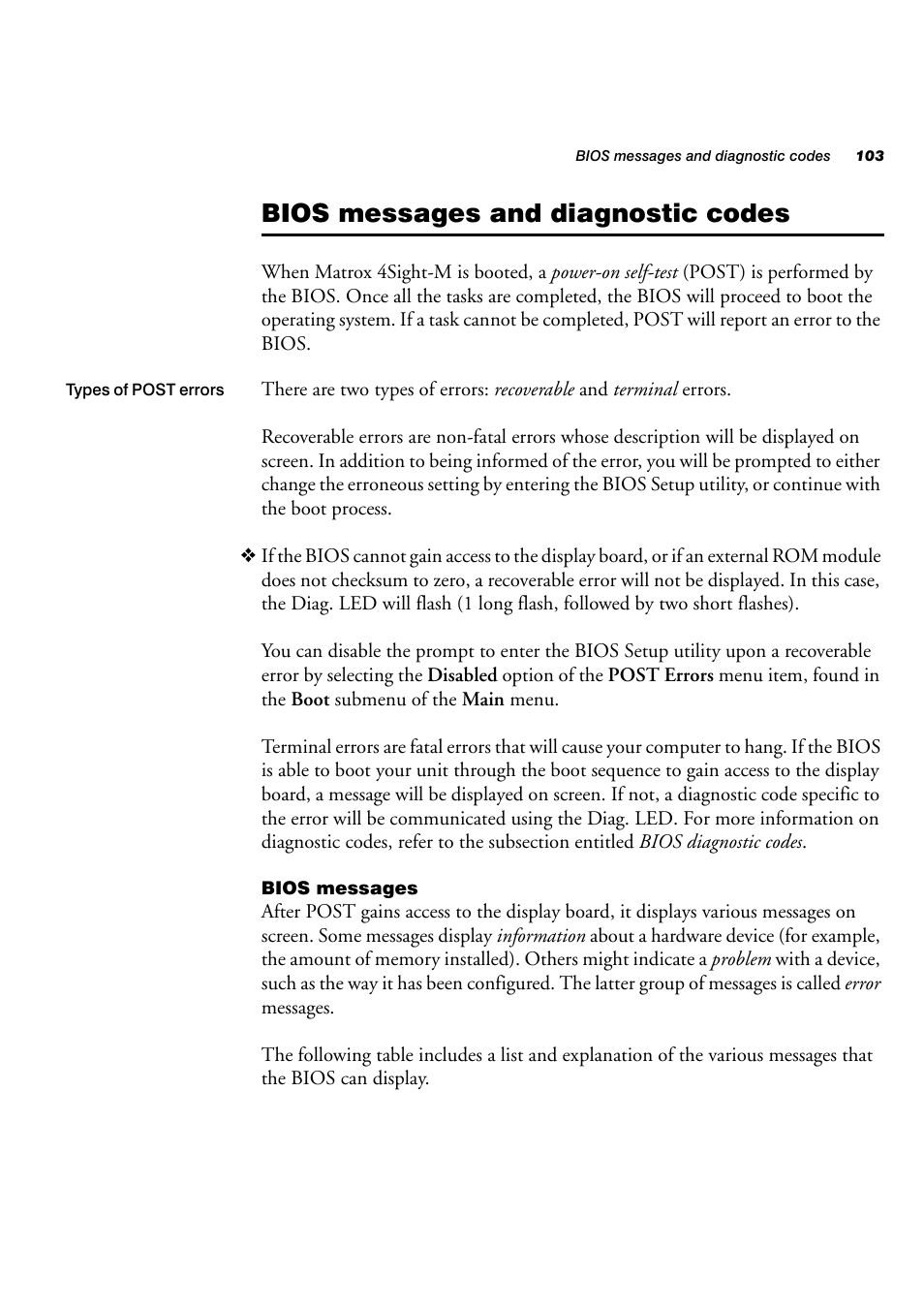 Bios messages and diagnostic codes, Bios messages | Matrox Electronic Systems 4SIGHT-M User Manual | Page 103 / 162