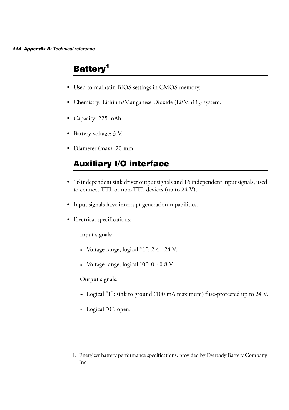 Battery, Auxiliary i/o interface | Matrox Electronic Systems 4SIGHT-M User Manual | Page 114 / 162