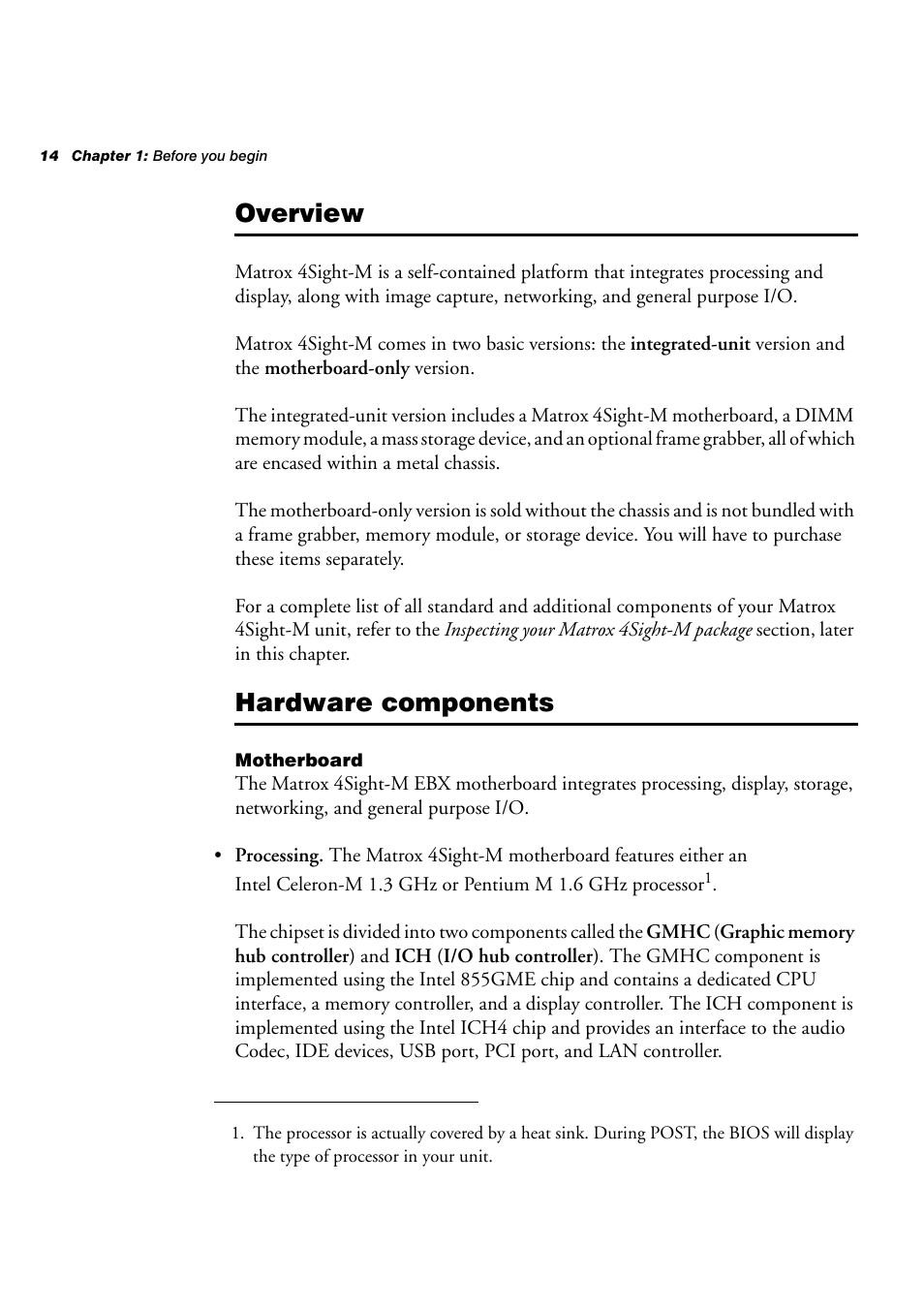 Overview, Hardware components, Motherboard | Matrox Electronic Systems 4SIGHT-M User Manual | Page 14 / 162